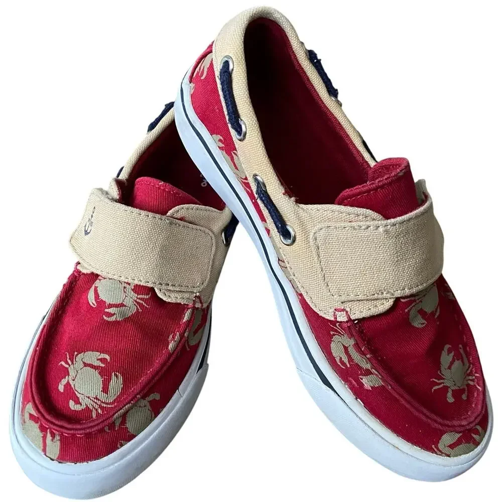 Lands End Canvas Boat Shoes Boy Sz 2 Red Tan Crab Strapped